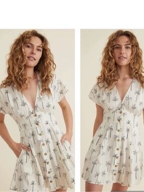Marine Layer Camila Mini Dress Novelty Palm Prim V Neck Women’s Sz M